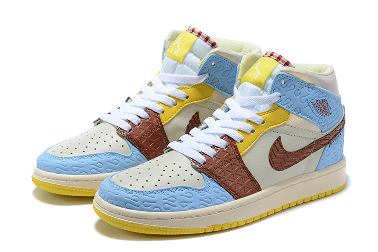 2020 Women Air Jordan 1 White Baby Blue Yellow Brown